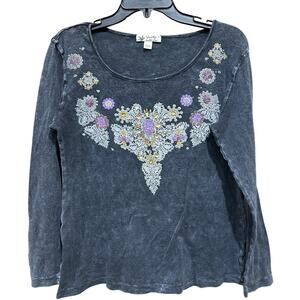 Unity World Wear Shirt Women Large Gray Embellished Long Sleeve Boho Floral Top